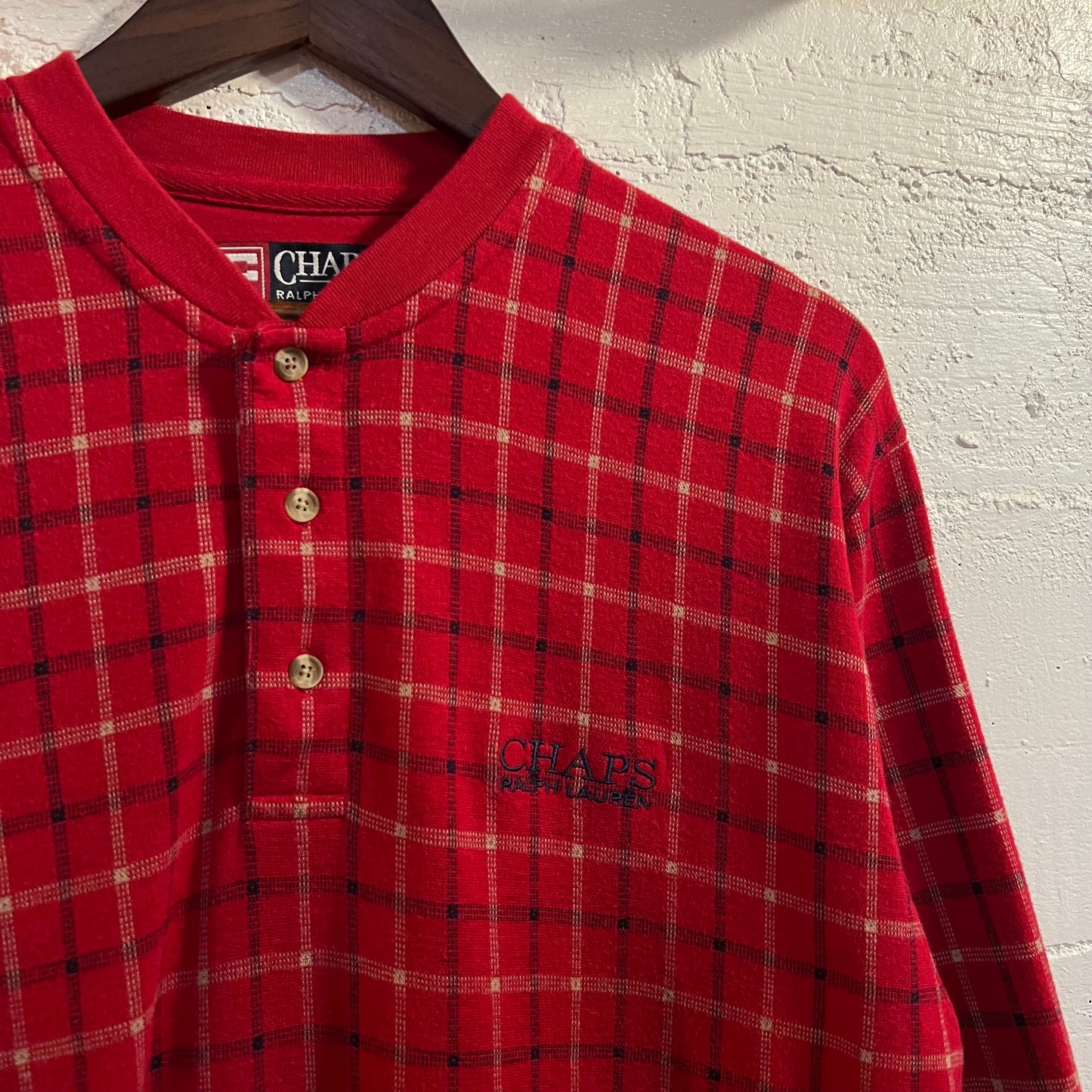 Vintage 90's Chaps Ralph Lauren Plaid Henley Collar Thermal Shirt - Size Medium - Red/Navy/White