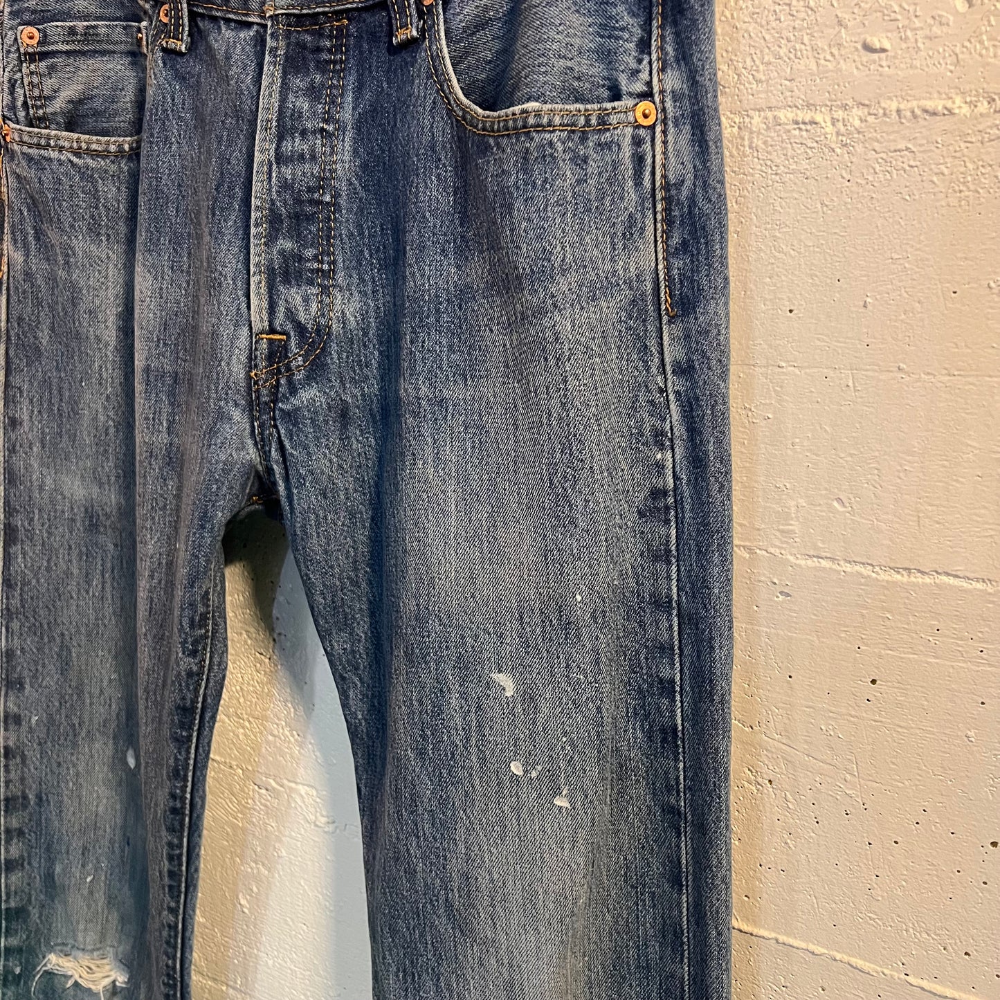 Distressed Levi's 501 Medium Stonewash Denim Jean - Size 32"x34" - Light Blue Indigo
