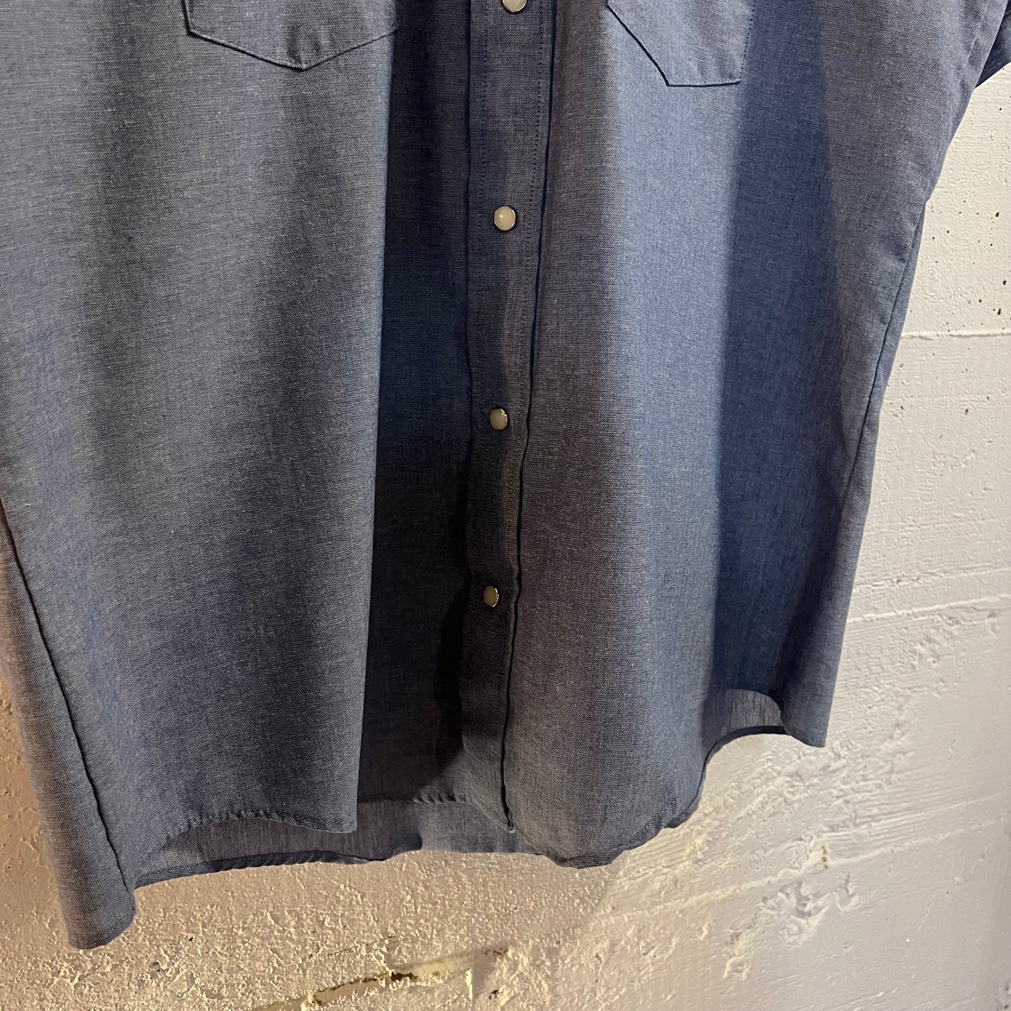 Vintage 70's/80's Red Kap Short Sleeve Chambray Western Yoke Pearl Snap Work Shirt - Size Large - Made In USA - Light Blue