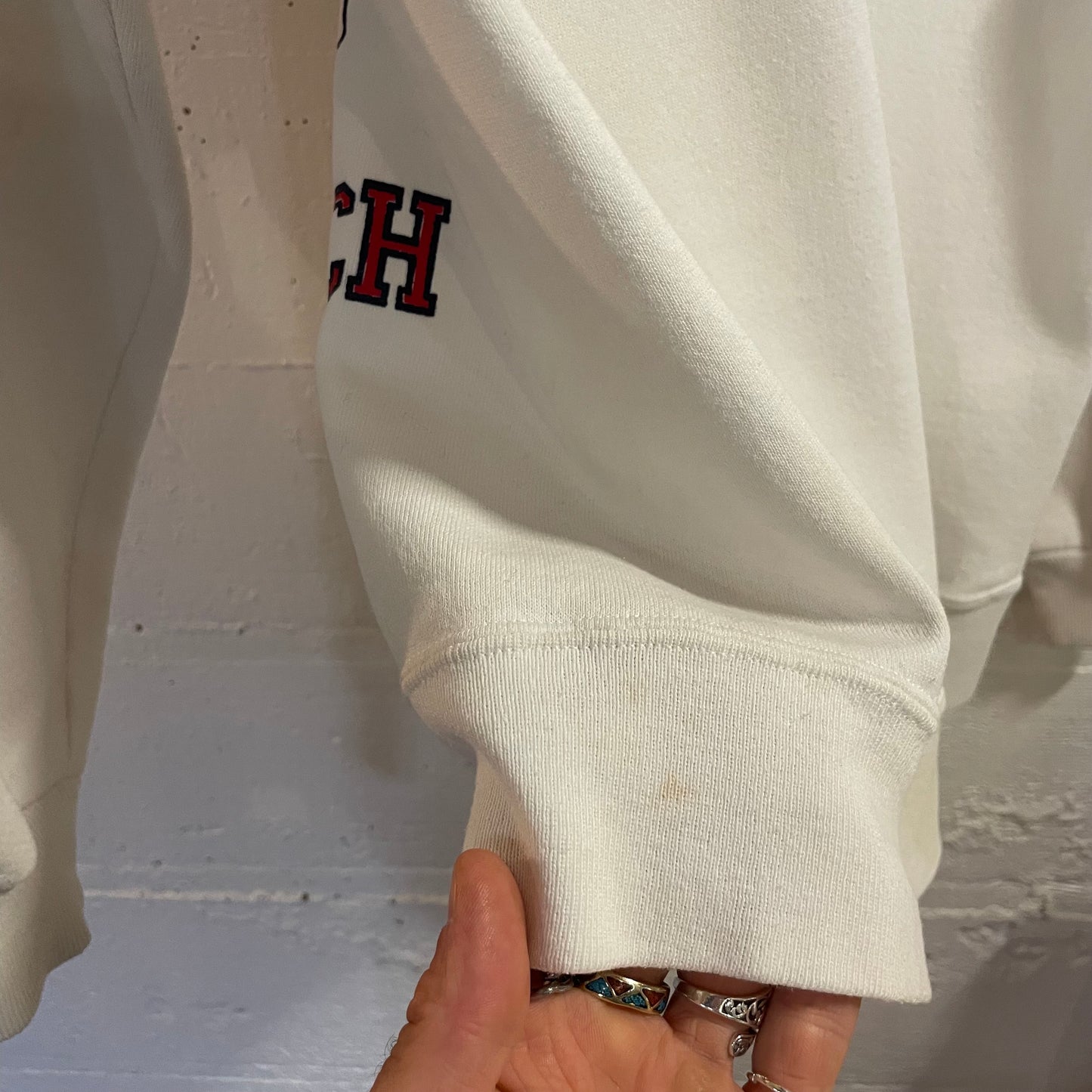 Vintage 90’s Jerzees Jefferson Science & Tech HS Crewneck Sweatshirt - Size Small - Made In USA - White/Navy/Red