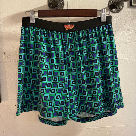 Vintage 80’s/90’s Hawaiian Tropic Vibrant Geometric Patterned Board Shorts - Size Large (7) - Black/Purple/Green/Blue