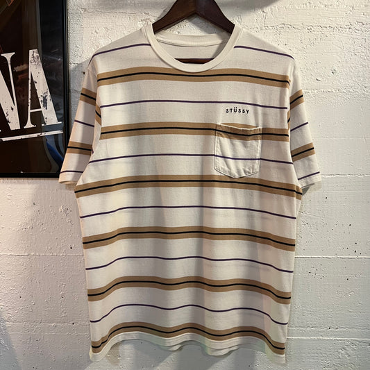 *Pre-Owned* Stüssy Embroidered Logo Striped Pocket T-Shirt - Size Medium - White/Beige/Violet