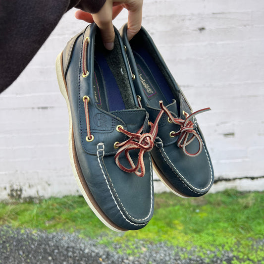 Vintage 90's Timberland Classic Leather 2 Eye Boat Shoe - Size 9M/10.5W - Genuine Leather - Navy