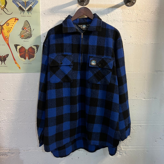 Vintage Wool Blue Buffalo Plaid 1/4 Zip Flannel Shirt - Size XL - Made In New Zealand