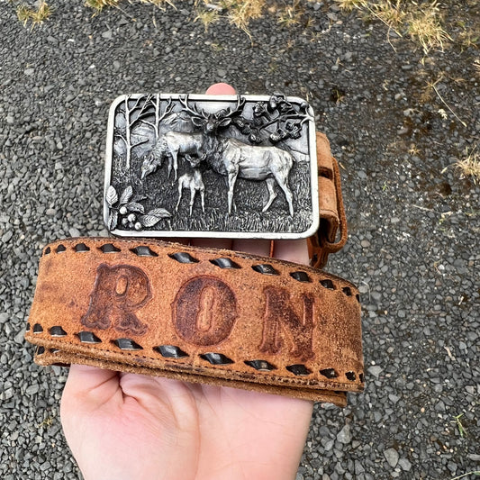 Vintage Western Leather Belt W/ Belt Buckle - Made In USA